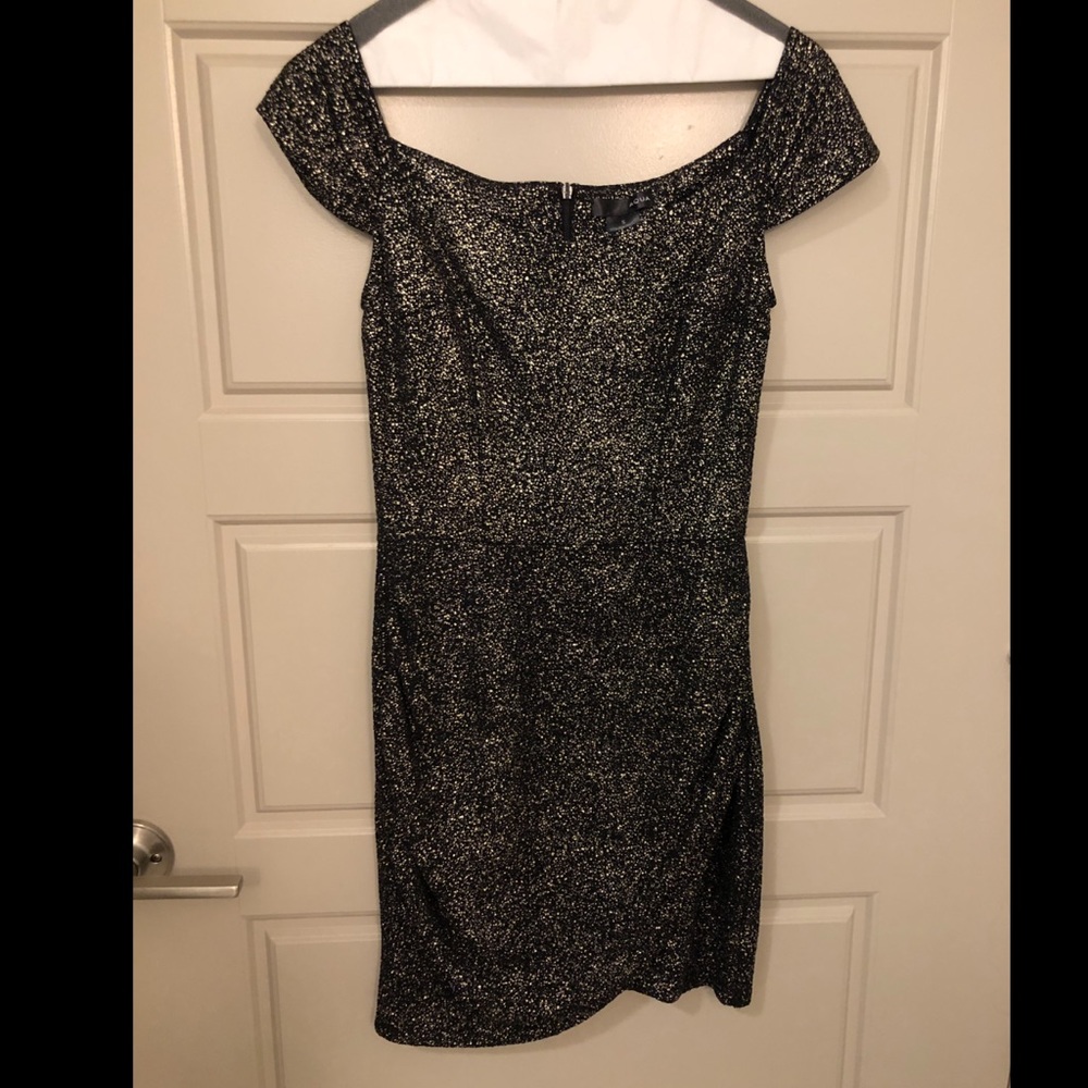 AQUA Metallic Cap Sleeve Wrap Front Mini Dress